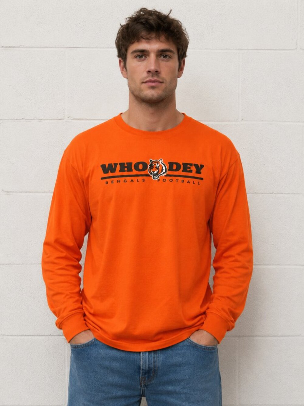 NFL Bengals Orange Long Sleeve Tee with "Who Dey" Graphic Design Size Large